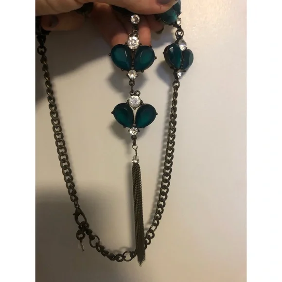 Anthropologie Teal Glass Lariat Statement Necklace - Picture 5 of 7